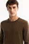 Men's Khaki Crew Neck 100% Acrylic Textured Knitwear Regular Fit Sweater E005088 - 5