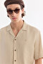 Men's Beige Cuban Collar 100% Linen Relaxed Cut Oversize Fit Short Sleeve Shirt A61Y2209 - 3
