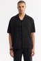 Men's Black Apaj Collar 100% Linen Short Sleeve Oversize Fit Shirt A51Y2209 - 6