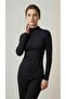 Women's Black Modal Rib Fabric Mock Neck Long Sleeve Blouse with Front Stitching Detail - 3