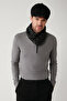 Men's Gray Stand Collar Leather Detailed Zippered Viscose Knitwear Regular Fit Sweater B005023 - 3