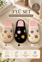 Women's 3-Piece Cream Mink Black Flower Embroidered Furry 3 cm House Slippers Set Byndti̇mjnakci̇c01