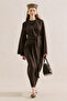 Linen Dress with Wide Belt Dark Brown