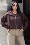 Gabardine Fabric Shawl Collar Lined Zippered Jacket Brown - 6
