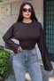 Striped Fabric Side Gathered Spanish Sleeve Blouse Brown - 6