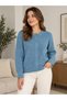 Women's Blue Melange Knitted Buttoned Knitwear Cardigan Round Neck Long Sleeve