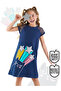 Cat Girl's Navy Blue Sleeve Detailed Silvery Summer Dress