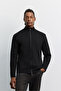 Men's Black Stand Collar Zippered Cardigan with Jacquard Knit Detail A62Y5055
