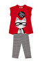 Red Meow Pow Striped Girl's Summer T-Shirt Tights Set - 3
