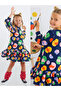 Girls Winter Floral Pattern Navy Blue Long Sleeve Ruffle Dress Age 4-10