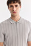 Men's Gray Polo Collar Zippered Rayon Regular Fit Knitwear T-Shirt A61Y5018 - 2