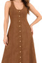 Brown Suede Round Neck Gilet Dress with Button Detail on the Front |   Midi Length Salopet Dress |   Casual Suede Dress with Waist Belt - 3