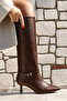 Fall Kitten Heel Below-The-Knee Pointed Toe Piping Tape Detail Bitter Brown Matte Leather Women's Boots - 6
