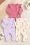 Baby Girl Animal Patterned Zippered 3-Piece Jumpsuit Set Newborn One Size with Booties 100% Cotton