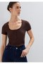Textured Semi-Buttoned Brown T-Shirt Fitted / Bodycon Cut 1614008-70236