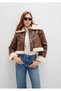 Brown Faux Leather Jacket with Faux Fur Detail Regular Fit / Regular Cut 1110462 -87011 - 3