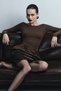 Women's Boat Neck Long Sleeve Blouse Veil Line Brown – Slim Fit, Fine Textured, Semi-Transparent - 6
