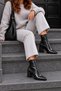 Women's Croco Black Pointed Toe Thick Heel Side Zipper Heeled Boots - 6