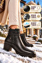 Black Genuine Leather, Fur Inside, Cold-Resistant, Knitted Band Detail, Stylish, Comfortable Women's Heeled Boots Z352