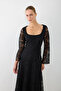 Square Neckline Cordone Lace Long Evening Dress - Black - 5
