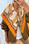 Yellow Beige Double Sided Printed Shawl Patterned Silk Crepe Women's Foulard Scarf 100X100 cm Large Size Shoulder Be