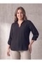 Women's Plus Size Long Sleeve Crepe Blouse V-Neck Pocket Metal Detailed Black