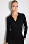 Polo Collar Knitted Cotton Blouse - Black - 3