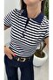 Polo Collar Striped Short Sleeve Knit Sweater - 4