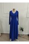 Women's long sleeve wavy v-neck ruched long janjan crepe dress - 4
