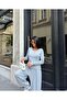 Women's Gray Crew Neck Blouse with Elastic Cuffs and Pants Two-Piece Set - 4
