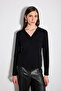 Velvet Trim V-Neck Buttoned Cotton Ribbed Knitted Blouse - Black