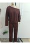 Women's one shoulder open long sleeve viscose two thread blouse and side stripe detailed trousers two piece set - 4