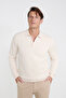 Men's Beige Cotton Standard Fit Regular Cut Polo Collar Knitwear Sweater
