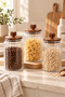 Heart-Handle Acacia Wood Lid Ribbed Glass Jar 1600 ml 22 cm – Transparent Storage Jar Set