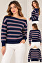 Women's Gray Striped Boat Neck Knit Sweater – Long Sleeve Loose Fit Model - 2