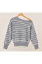 Women's Gray Striped Boat Neck Knit Sweater – Long Sleeve Loose Fit Model - 3