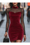 Women's long sleeve turtleneck low-cut velvet mini dress with tulle detail