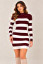 Women's Black and White Striped Ribbed Knit Mini Dress – Long Sleeve High Neck