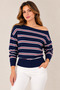 Women's Gray Striped Boat Neck Knit Sweater – Long Sleeve Loose Fit Model