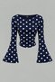 Navy Blue White Polka Dot Boat Neck Spanish Sleeve Gathered Long Sleeve Blouse, Navy Blue Polka Dot Blouse - 5