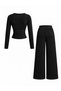 Black Shawl Collar Long Sleeve Crop Top Wide Leg Bottom Set - 2