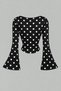 Black and White Polka Dot Boat Neck Spanish Sleeve Gathered Long Sleeve Blouse, Black and White Polka Dot Blouse - 4