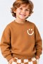 Boy's 3 Thread Smiling Face Printed Sweatshirt and Checkerboard Patterned Wide Leg Sweatpants Set Brown - 6