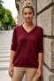 Burgundy V-Neck Long Sleeve Ribbed Sleeve End Decorated Buttoned Casual Knitwear Sweater 66 62 - 3
