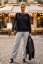 Black Boat Neck Long Sleeve Ribbed Horizontal Decorative Stitched Casual Oversize Knitwear Sweater 68 70 - 4
