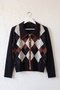 Black Jacket Collar Long Sleeve Diamond Patterned Decorative Buttons on the Front Unfastened Stitched Casual Knitwear Sweater 62 60 - 2