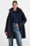 Removable Hooded Drawstring Waist Plus Size Trench Coat Dark Blue 6936