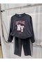 Girl's Ny Printed Striped Sweatshirt and Wide Leg Pants 2-Piece Tracksuit Set Anthracite - 3