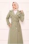 Double-Breasted Button Detailed Lined Long Trench Coat Green Olive - 2