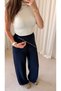 Wide Leg Trousers with Scarf Detail and Pockets - Navy Blue - 3